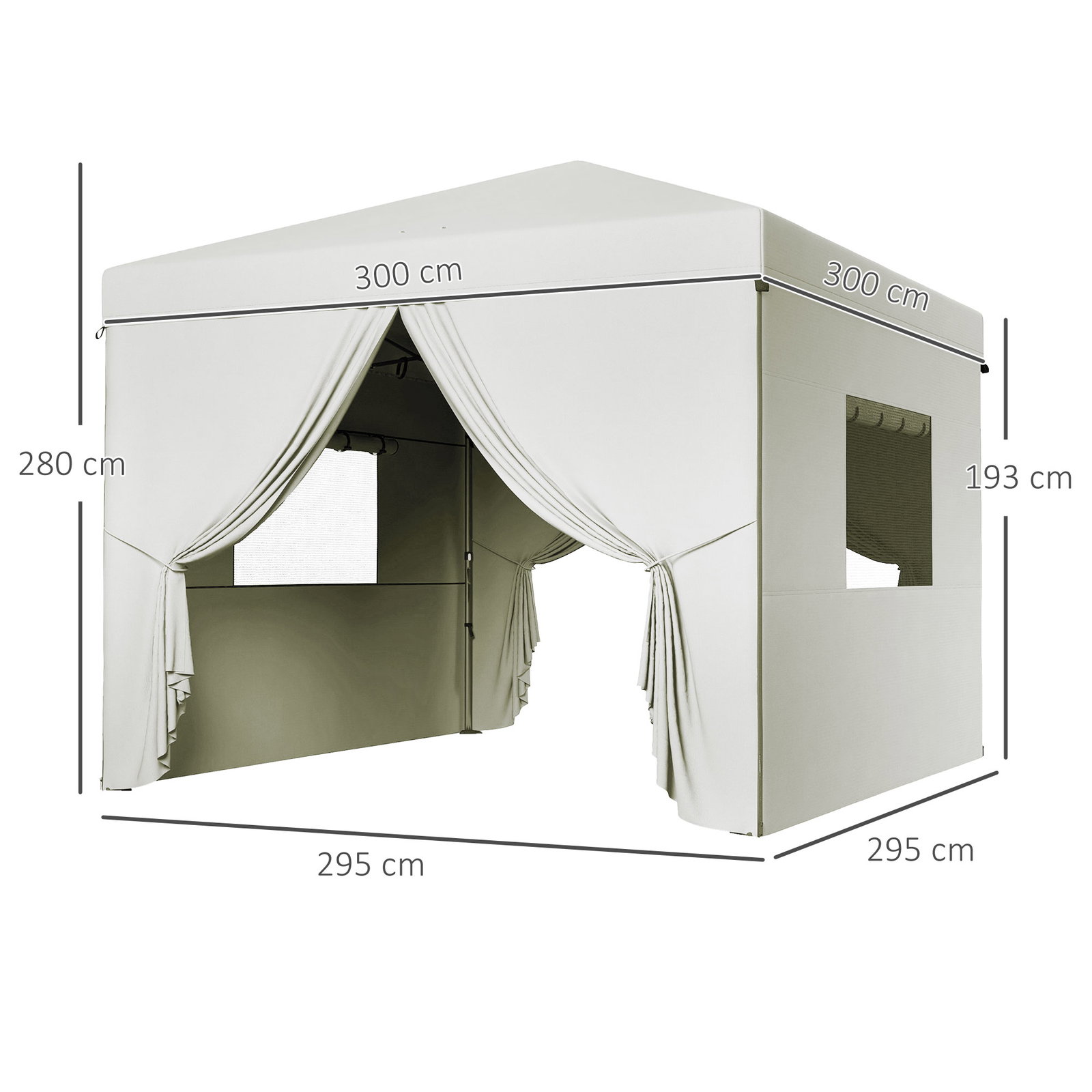 Tenda dobrável 3x3 m tenda de jardim com 4 paredes laterais 2 janelas de malha altura ajustável impermeável e anti-UV branco