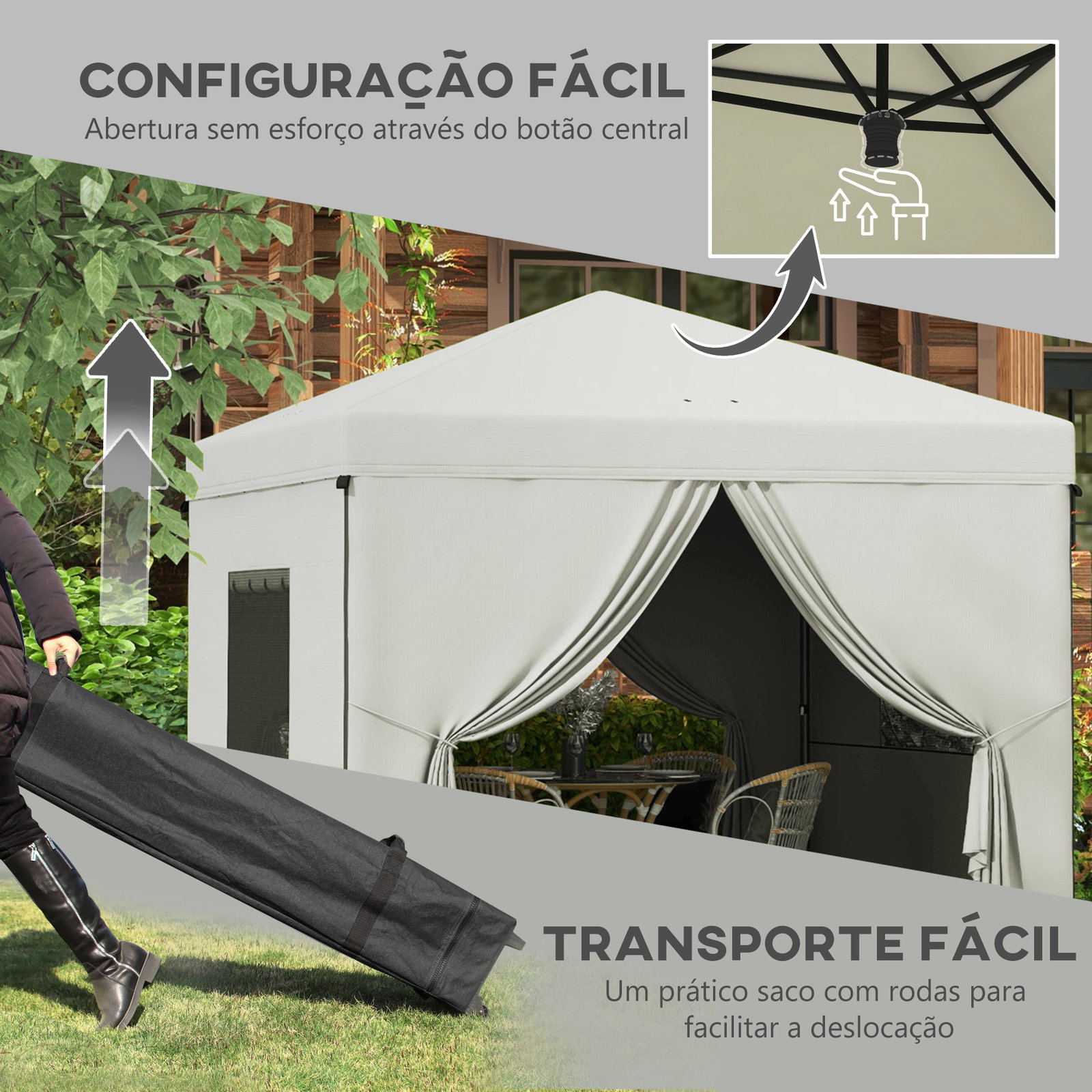 Tenda dobrável 3x3 m tenda de jardim com 4 paredes laterais 2 janelas de malha altura ajustável impermeável e anti-UV branco