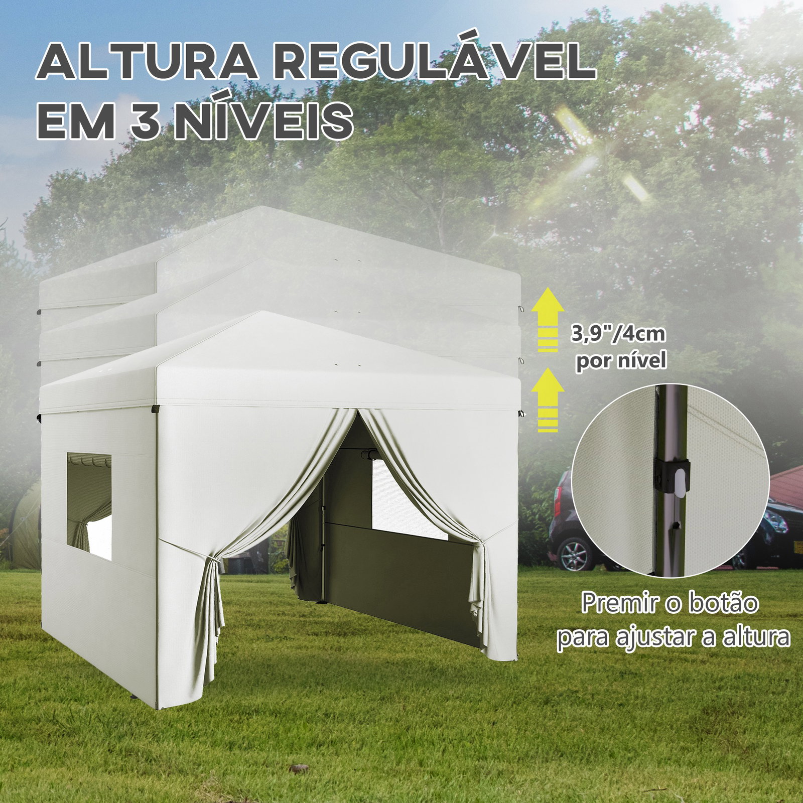 Tenda dobrável 3x3 m tenda de jardim com 4 paredes laterais 2 janelas de malha altura ajustável impermeável e anti-UV branco