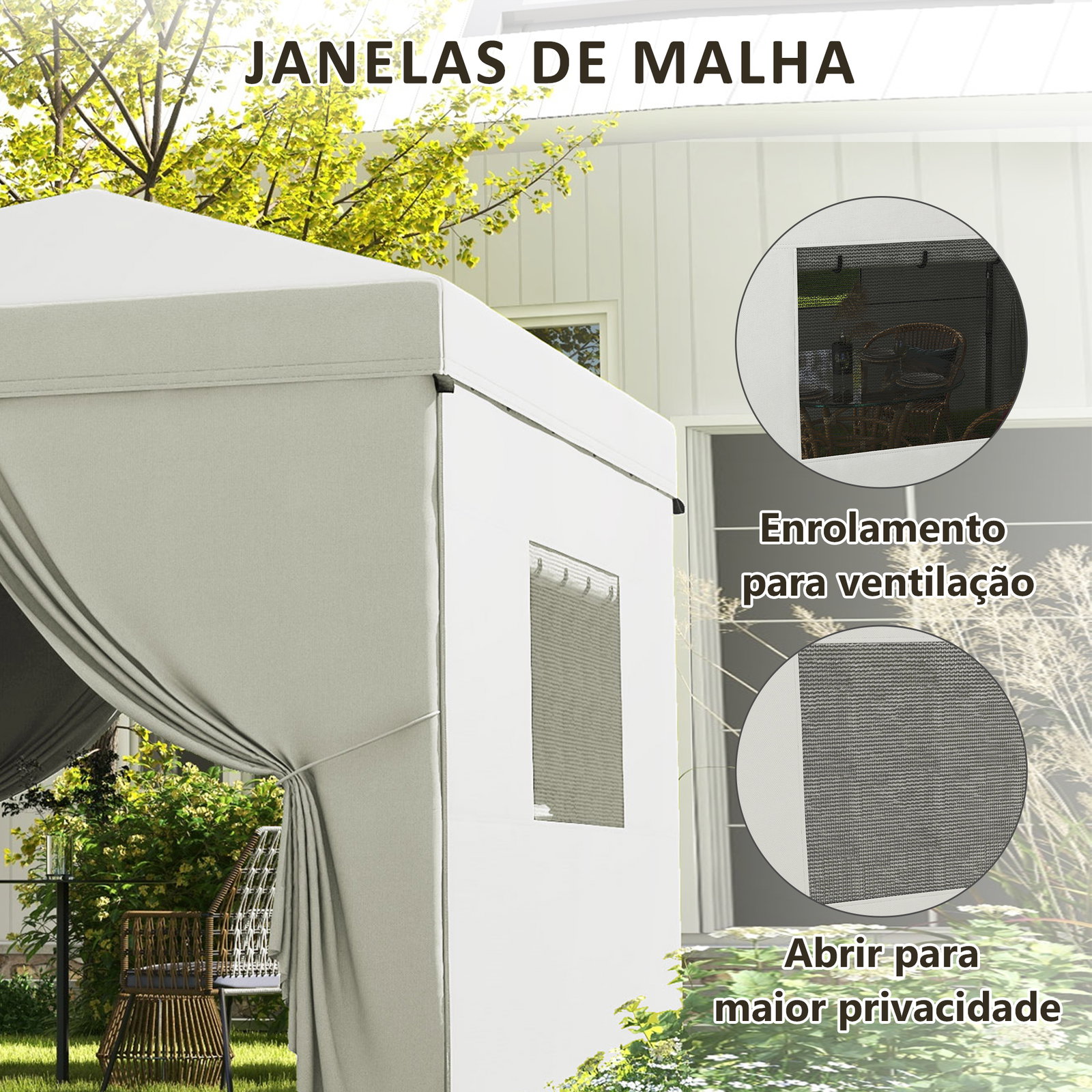 Tenda dobrável 3x3 m tenda de jardim com 4 paredes laterais 2 janelas de malha altura ajustável impermeável e anti-UV branco
