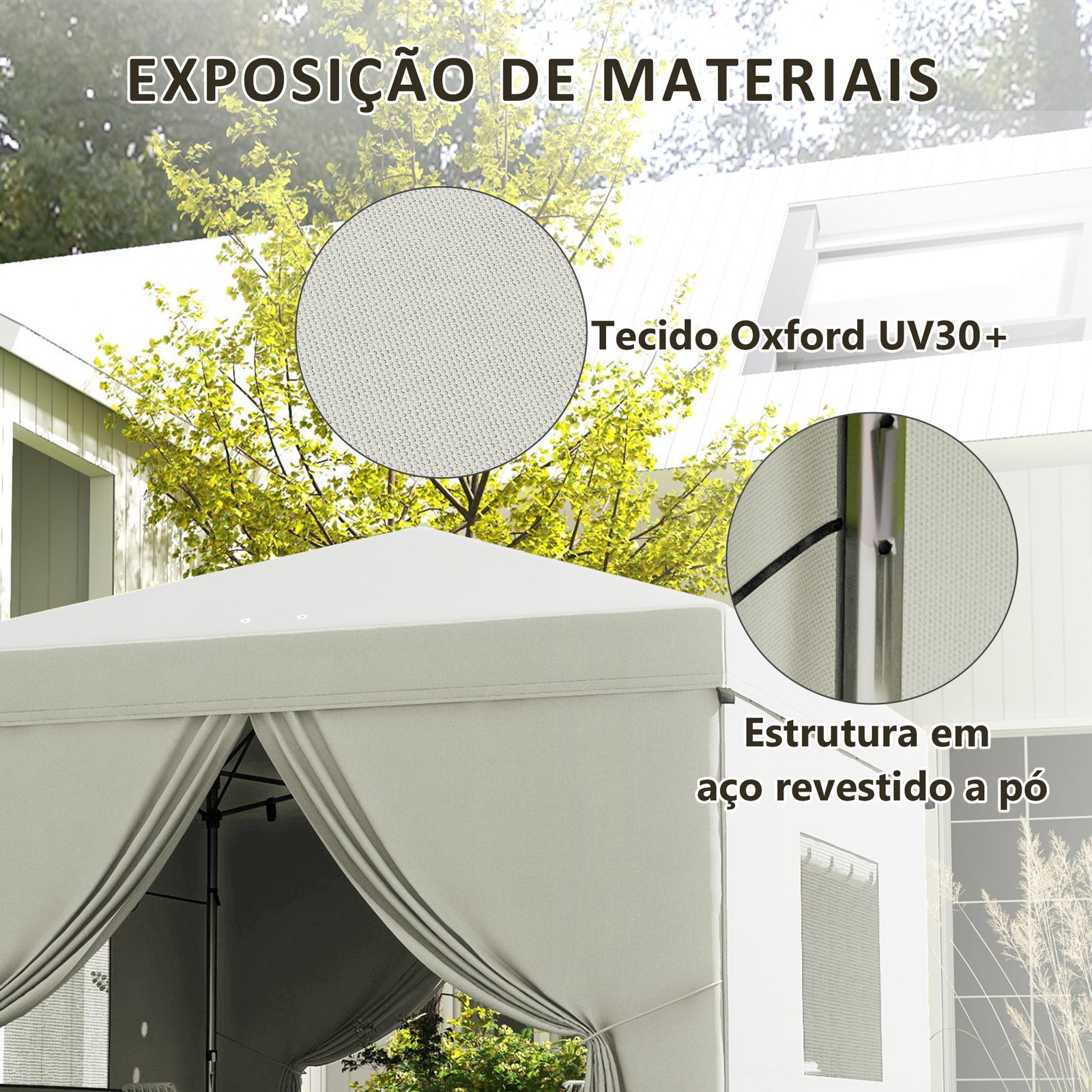 Tenda dobrável 3x3 m tenda de jardim com 4 paredes laterais 2 janelas de malha altura ajustável impermeável e anti-UV branco