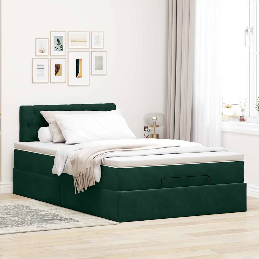 Cama otomana com colchão 120x190 cm veludo verde-escuro