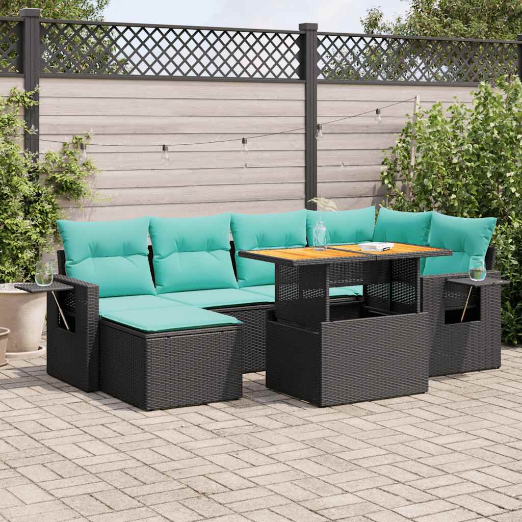 7 Pcs conjunto de sofás p/ jardim c/ almofadões vime PE preto