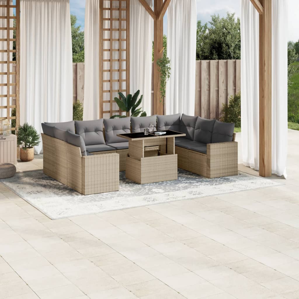 10 Pcs conjunto de sofás p/ jardim com almofadões vime PE bege