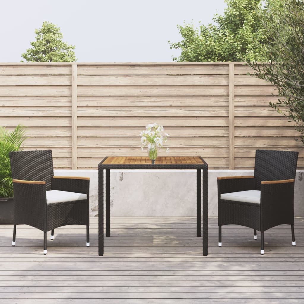 3 Pcs conjunto de jantar p/ jardim c/ almofadões vime PE preto