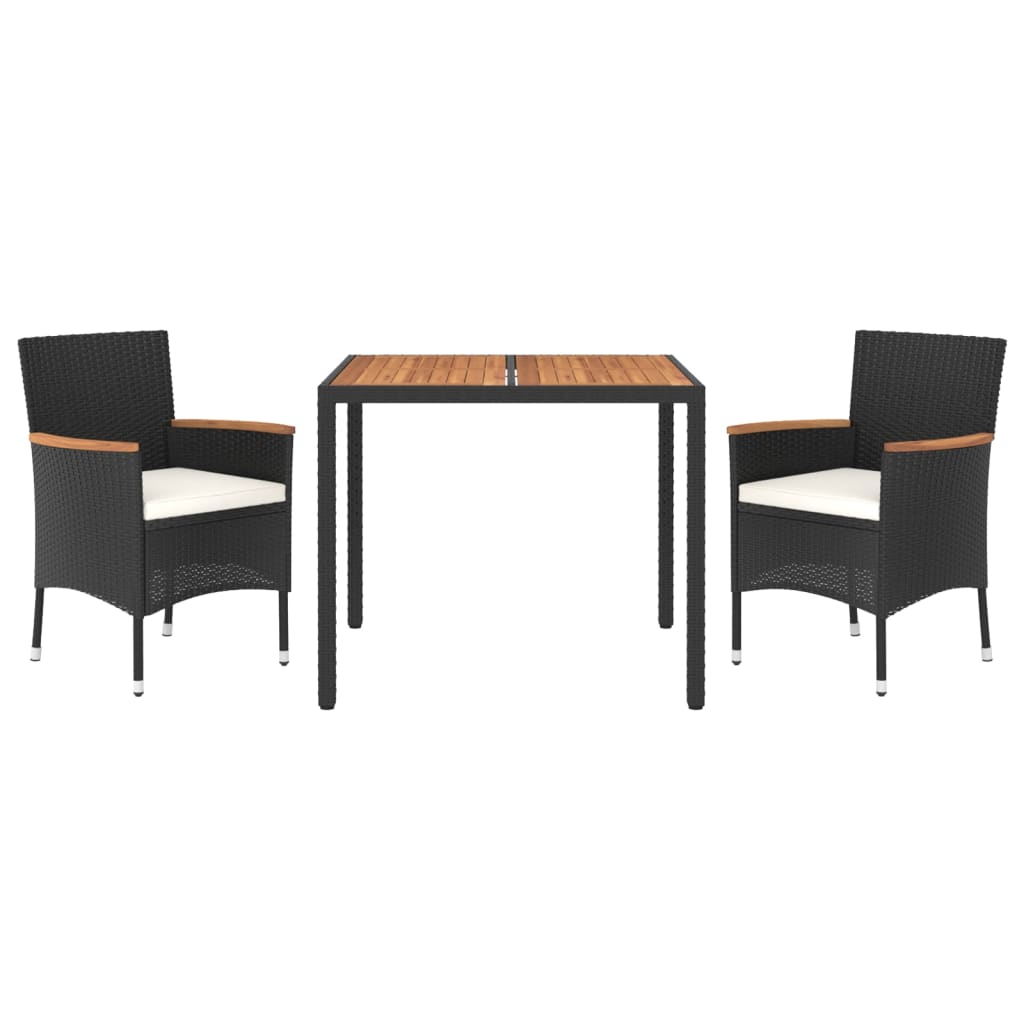 3 Pcs conjunto de jantar p/ jardim c/ almofadões vime PE preto