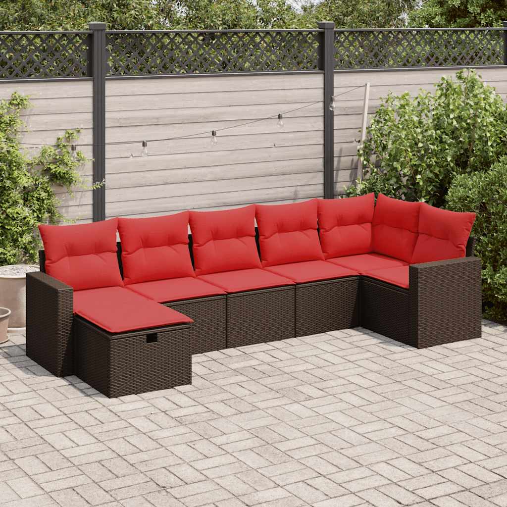7 Pcs conjunto de sofás jardim c/ almofadões vime PE castanho