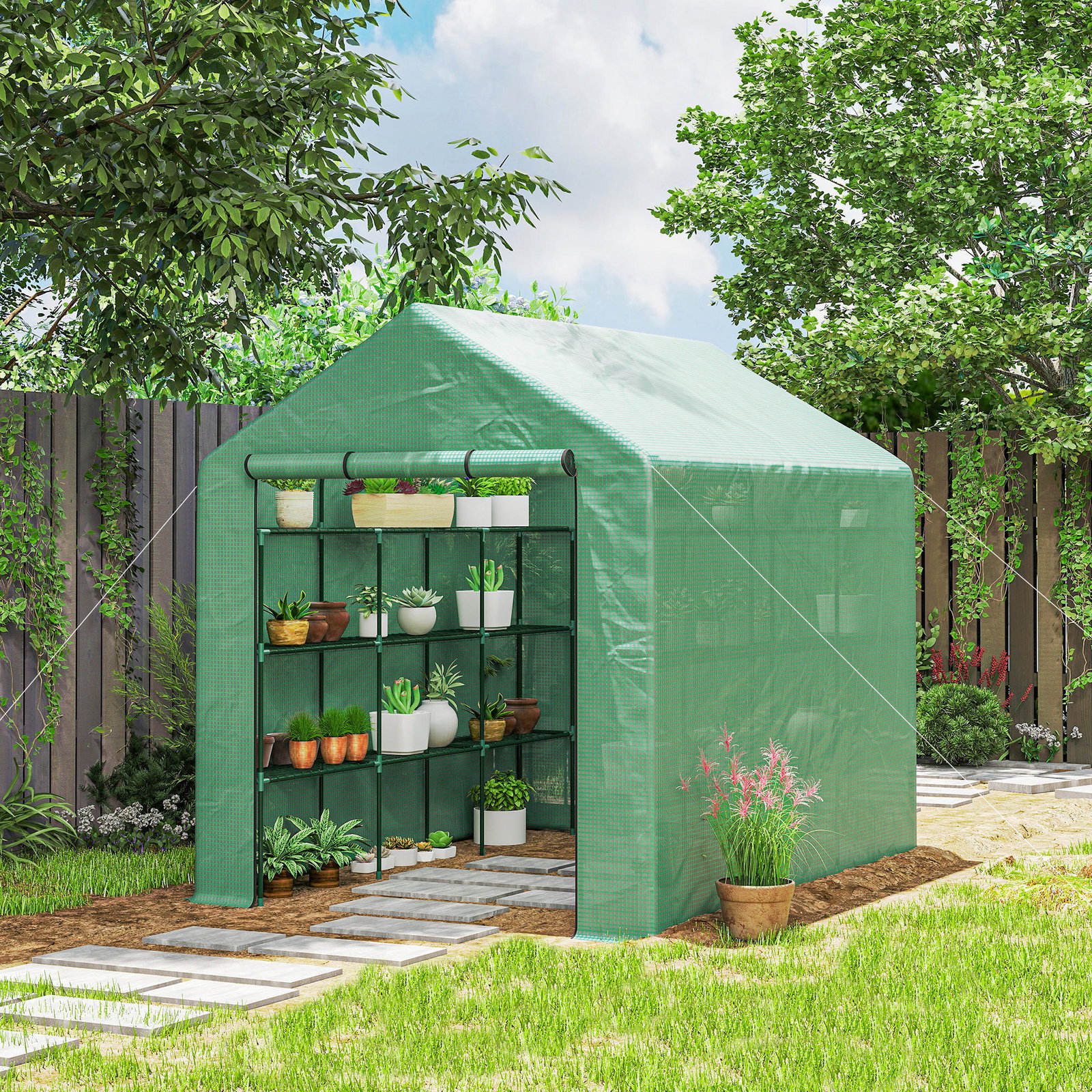 Estufa de Jardim Estufa de Exterior com Prateleiras de 4 Níveis Porta com Fecho de Correr e Estrutura de Aço 244x180x210 cm Verd