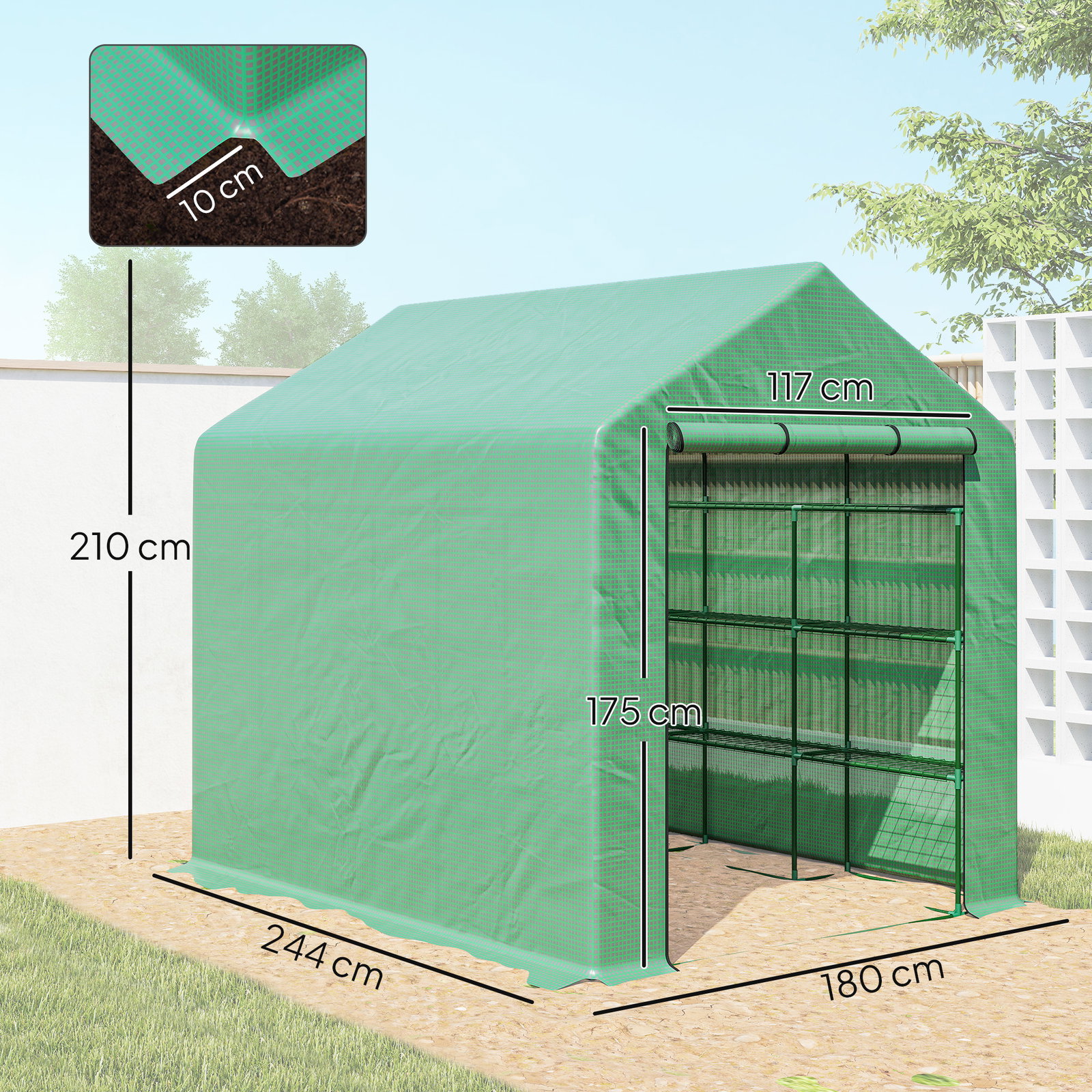 Estufa de Jardim Estufa de Exterior com Prateleiras de 4 Níveis Porta com Fecho de Correr e Estrutura de Aço 244x180x210 cm Verd