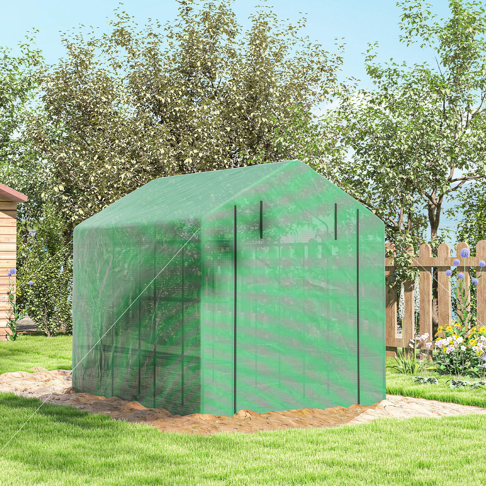 Estufa de Jardim Estufa de Exterior com Prateleiras de 4 Níveis Porta com Fecho de Correr e Estrutura de Aço 244x180x210 cm Verd