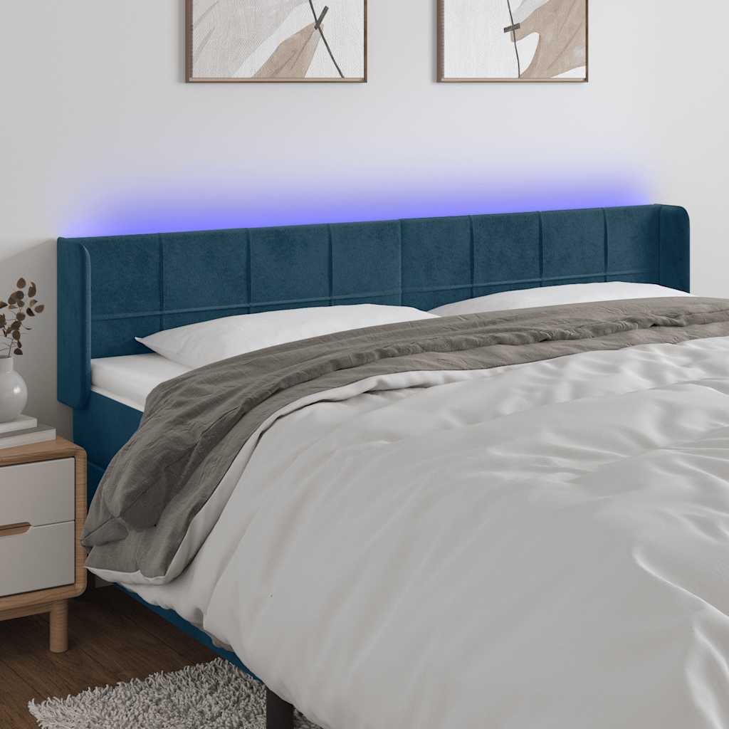 Cabeceira cama c/ luzes LED veludo 203x16x78/88 cm azul-escuro