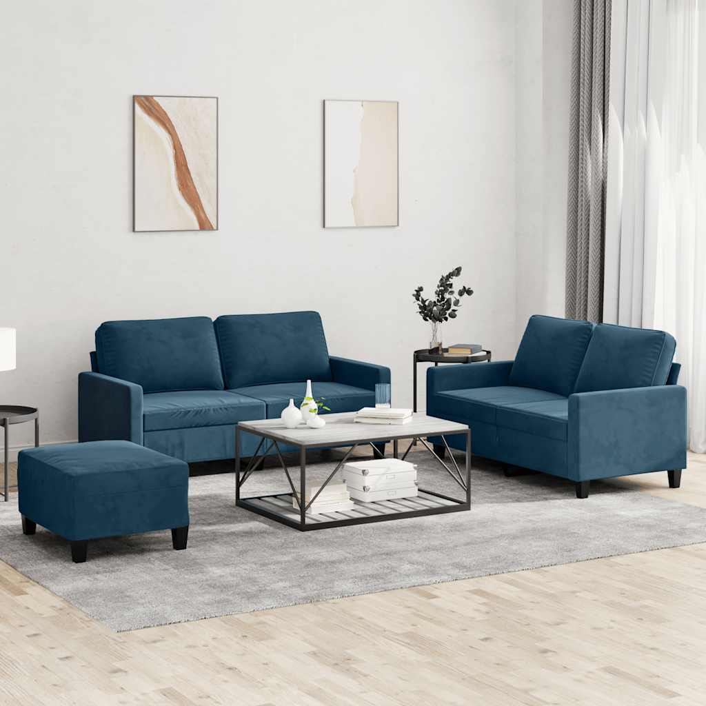 3 Pcs conjunto de sofás com almofadões veludo azul