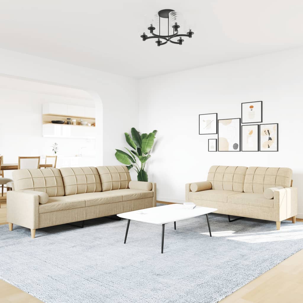 2Pcs conjunto de sofás c/ almofadas decorativas tecido creme