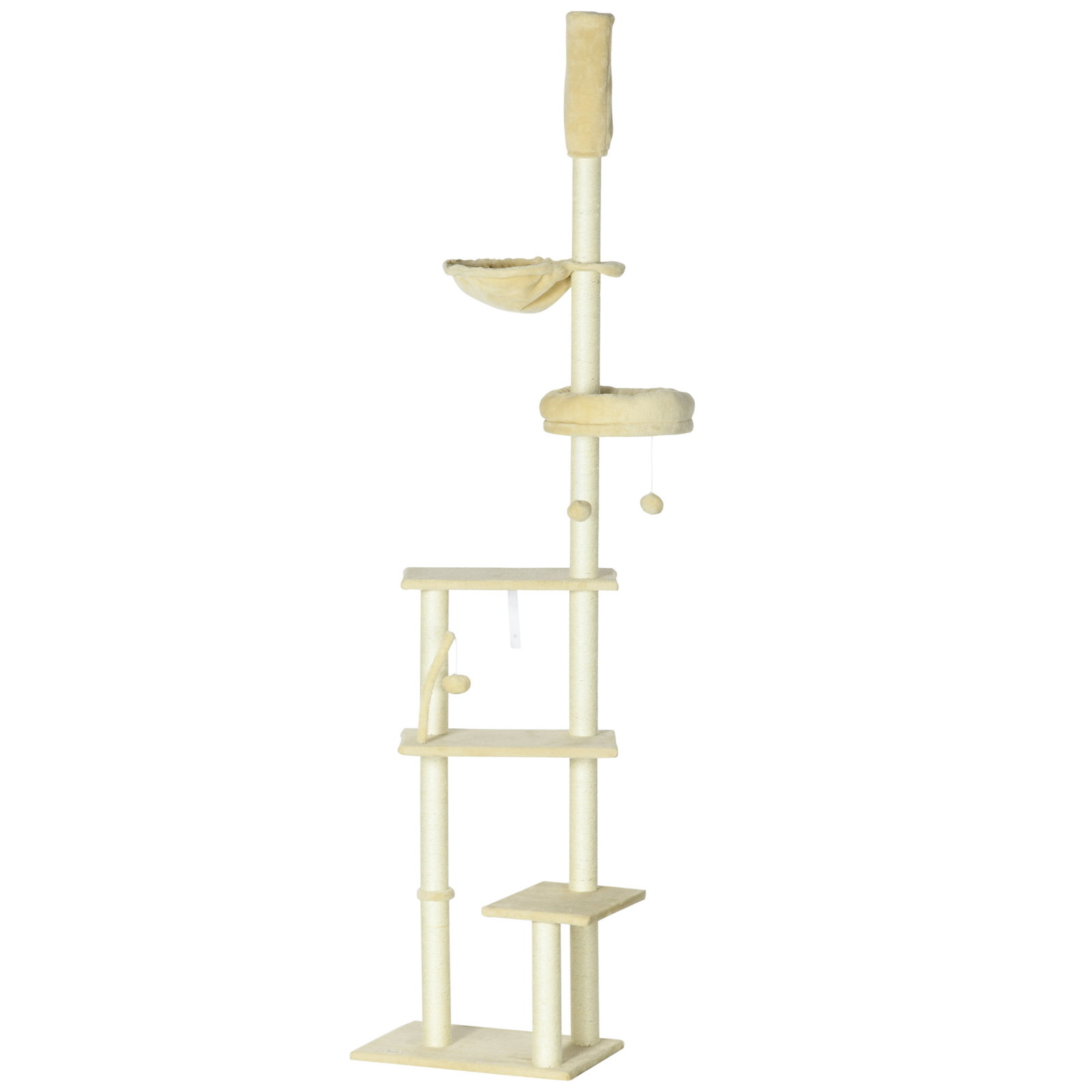 Arranhador para gatos do solo ao teto de 230-250 cm com altura ajustável múltiplas plataformas rede bolas suspensas bege