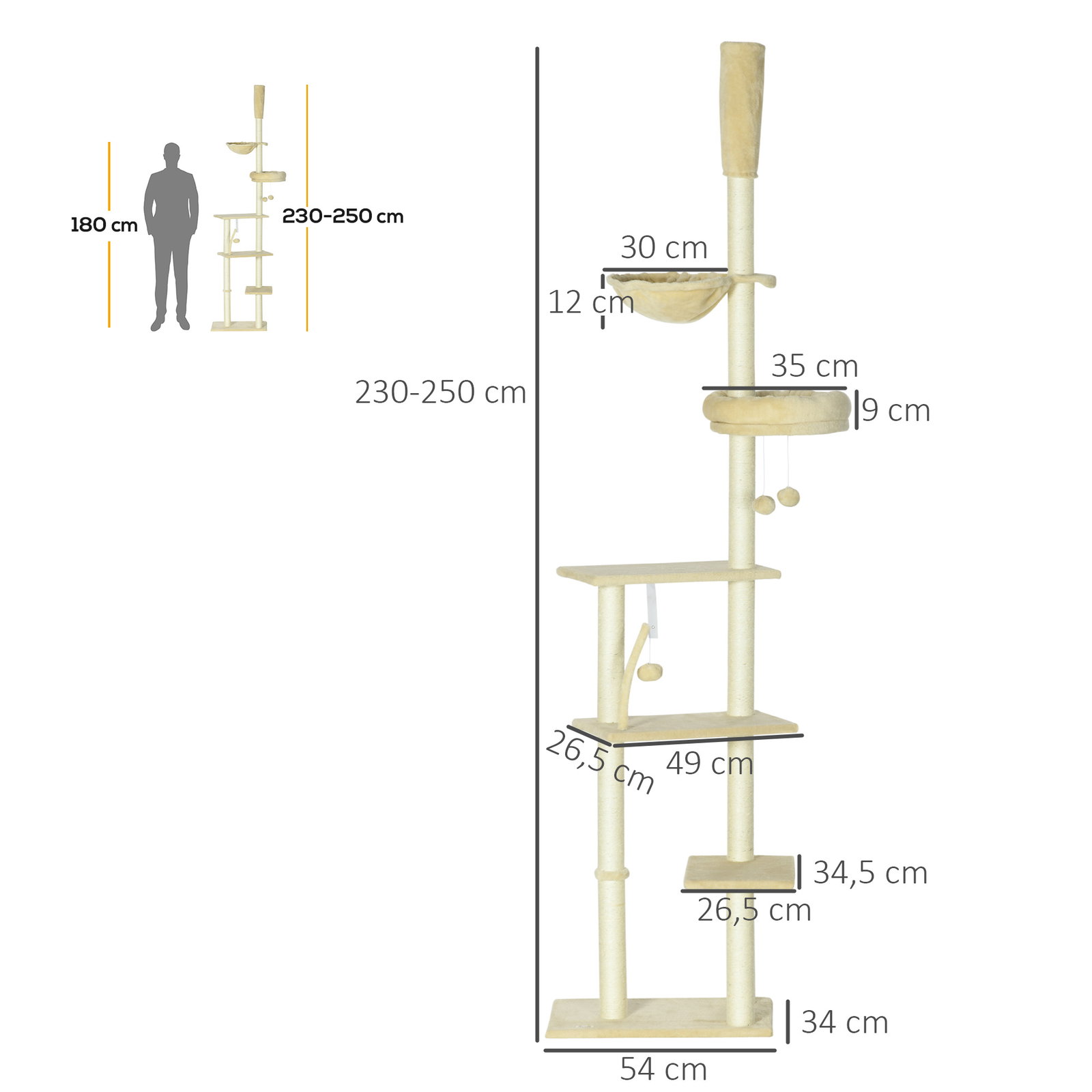 Arranhador para gatos do solo ao teto de 230-250 cm com altura ajustável múltiplas plataformas rede bolas suspensas bege