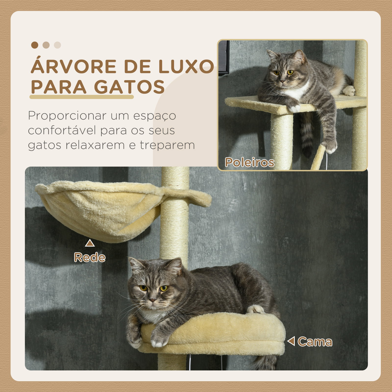 Arranhador para gatos do solo ao teto de 230-250 cm com altura ajustável múltiplas plataformas rede bolas suspensas bege