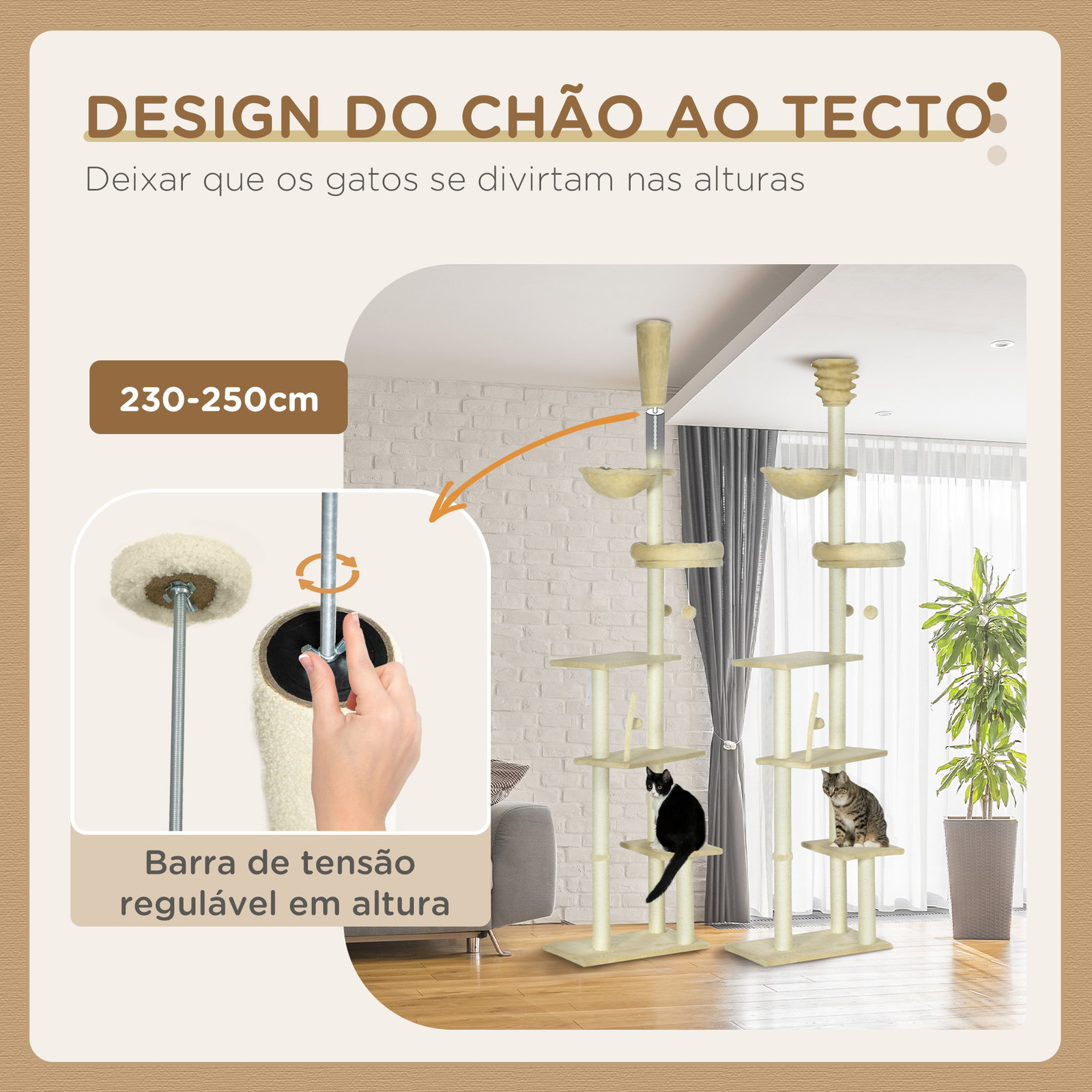 Arranhador para gatos do solo ao teto de 230-250 cm com altura ajustável múltiplas plataformas rede bolas suspensas bege