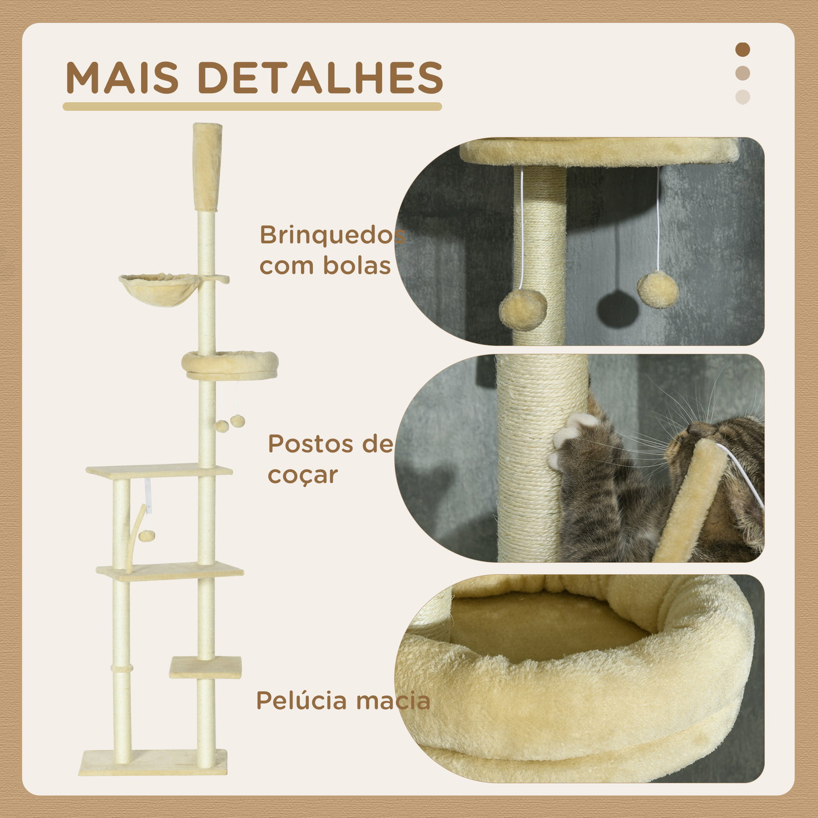 Arranhador para gatos do solo ao teto de 230-250 cm com altura ajustável múltiplas plataformas rede bolas suspensas bege