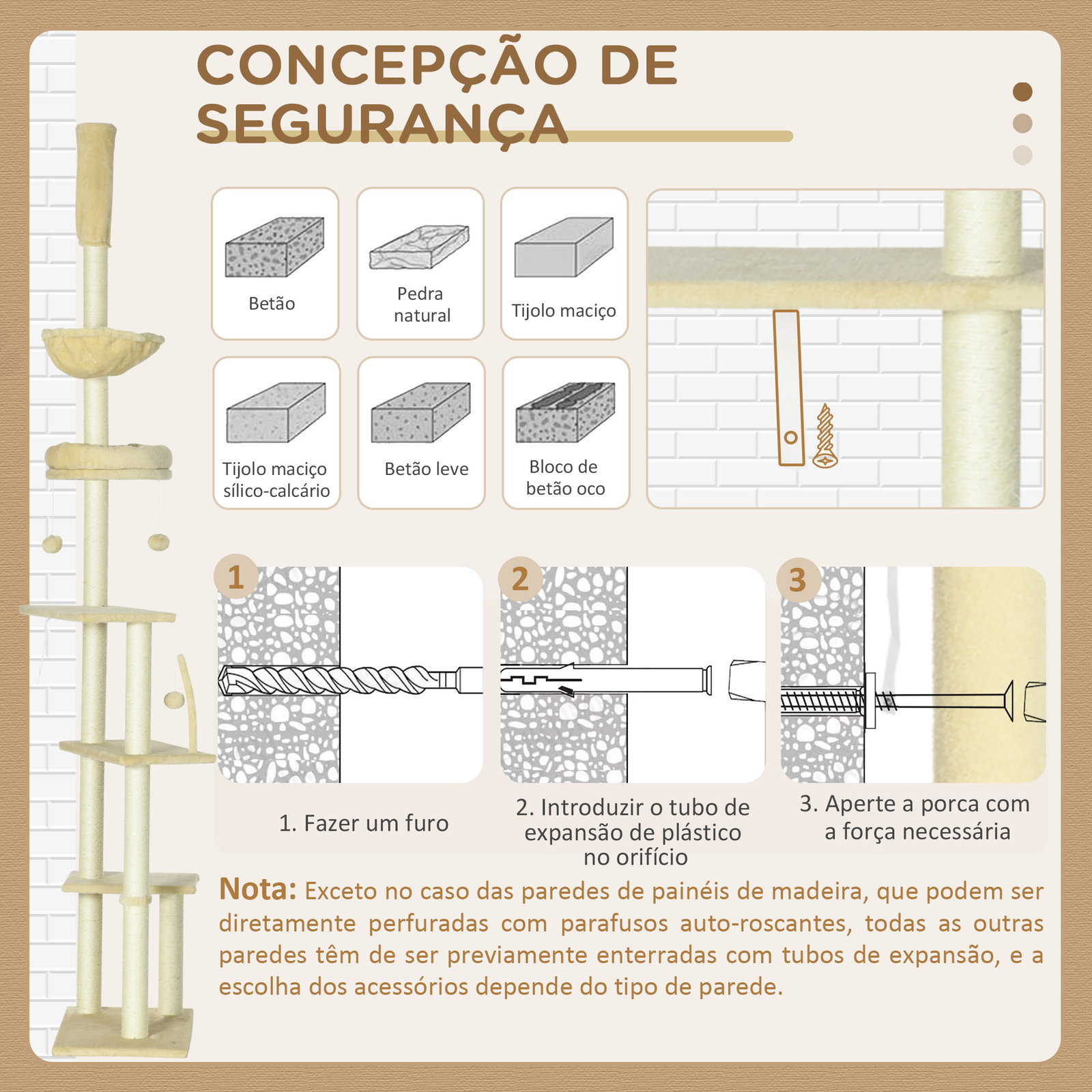 Arranhador para gatos do solo ao teto de 230-250 cm com altura ajustável múltiplas plataformas rede bolas suspensas bege