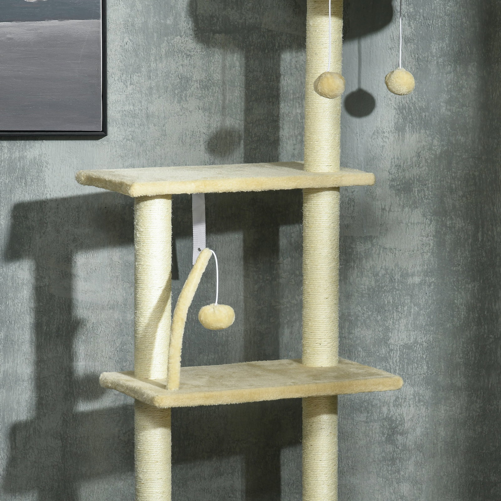 Arranhador para gatos do solo ao teto de 230-250 cm com altura ajustável múltiplas plataformas rede bolas suspensas bege