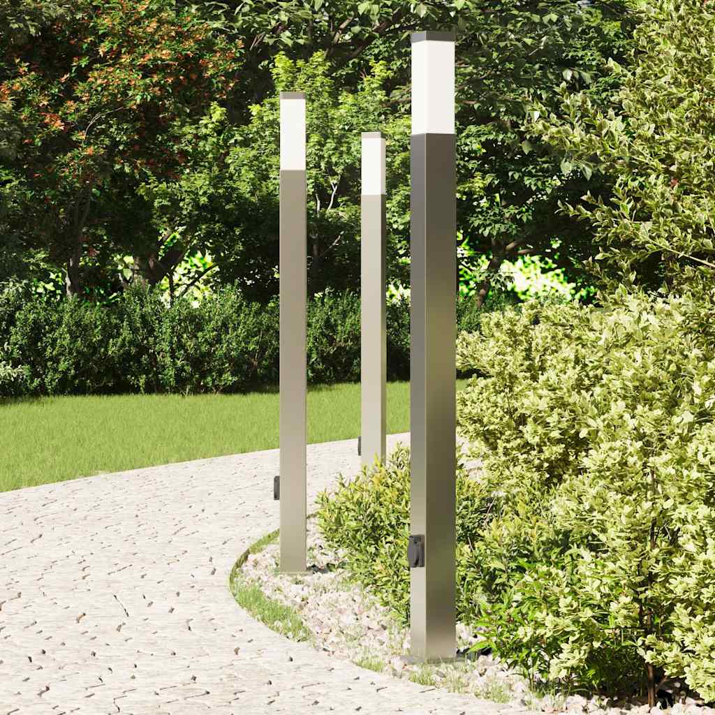 Luminárias de poste com tomada, 3 peças, 110 cm, aço inoxidável, IP44