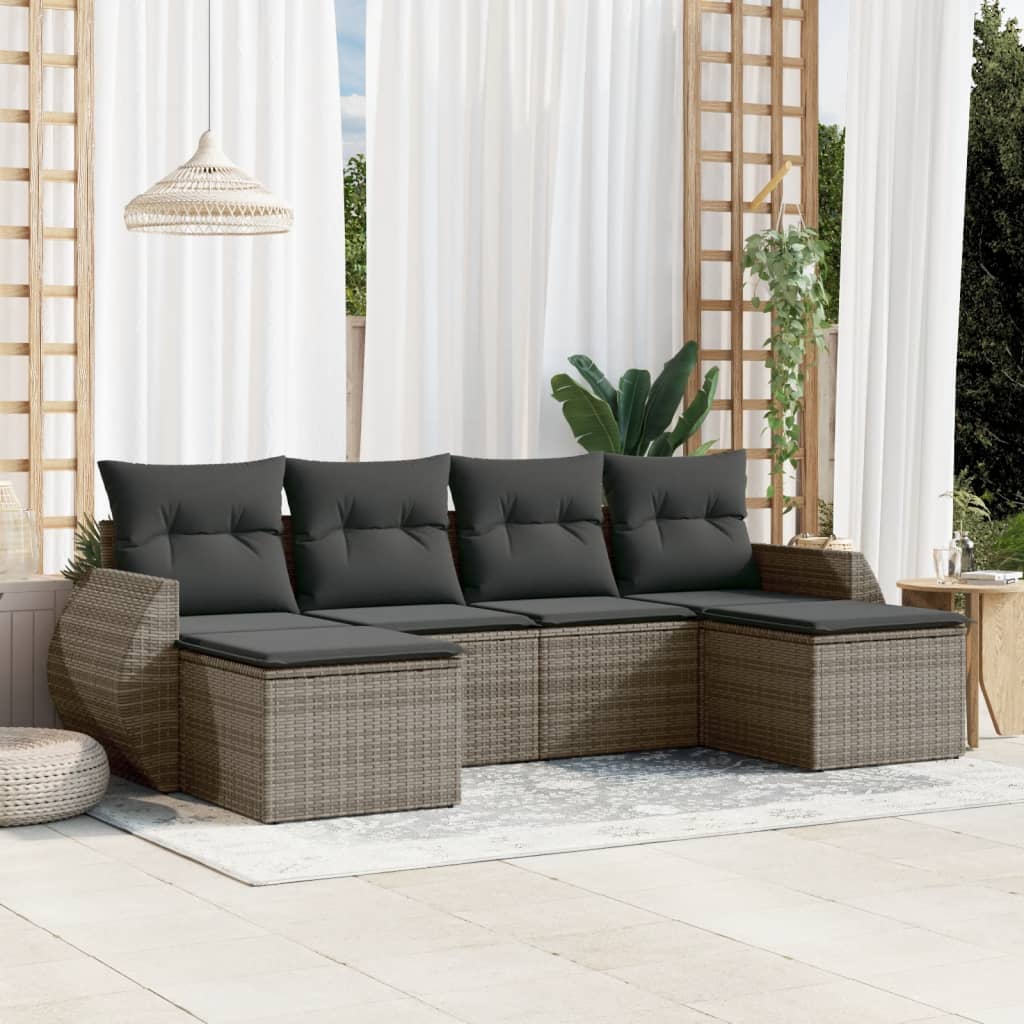 6 Pcs conjunto sofás de jardim com almofadões vime cinzento