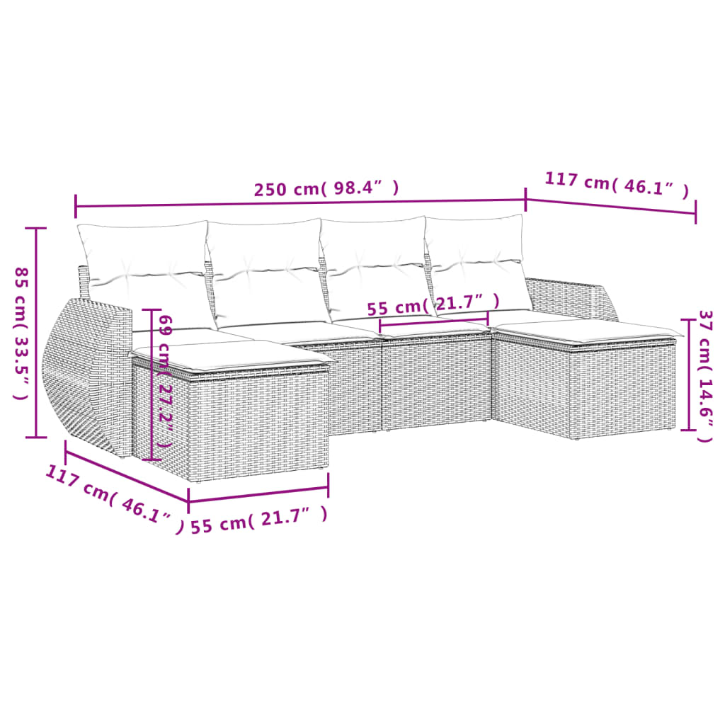 6 Pcs conjunto sofás de jardim com almofadões vime cinzento