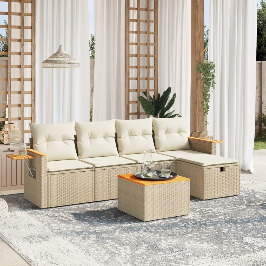 6 Pcs conjunto de sofás p/ jardim com almofadões vime PE bege