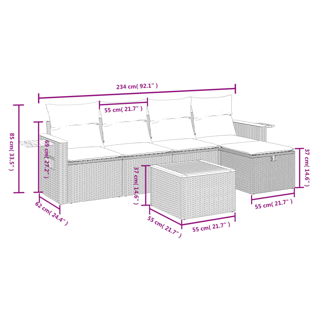 6 Pcs conjunto de sofás p/ jardim com almofadões vime PE bege