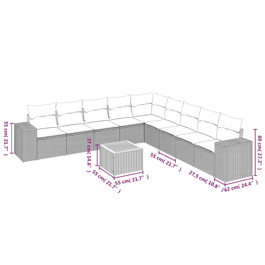 10 Pcs conjunto sofás de jardim c/ almofadões vime PE preto