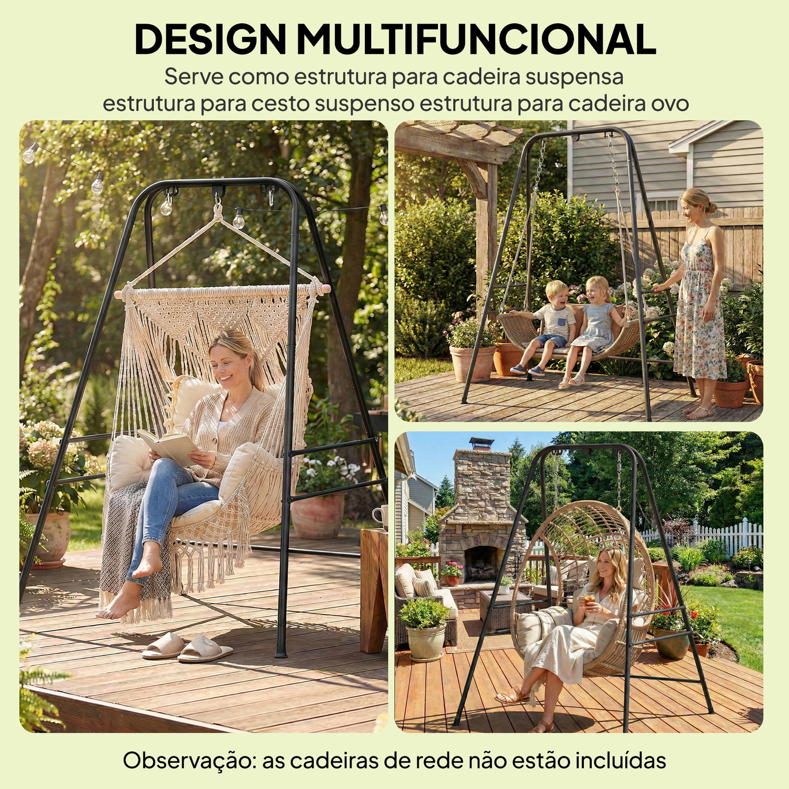 Suporte para cadeira suspensa rede 183 cm suporte para balanço estrutura de aço almofadas antiderrapantes preto