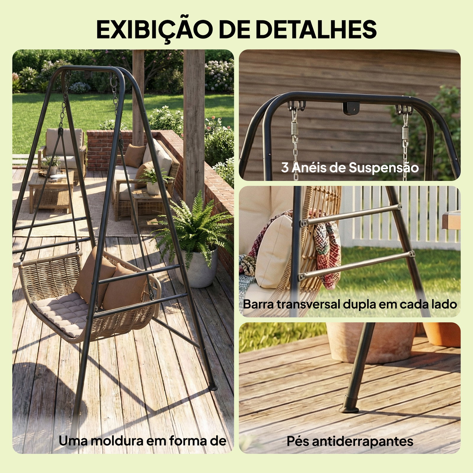 Suporte para cadeira suspensa rede 183 cm suporte para balanço estrutura de aço almofadas antiderrapantes preto
