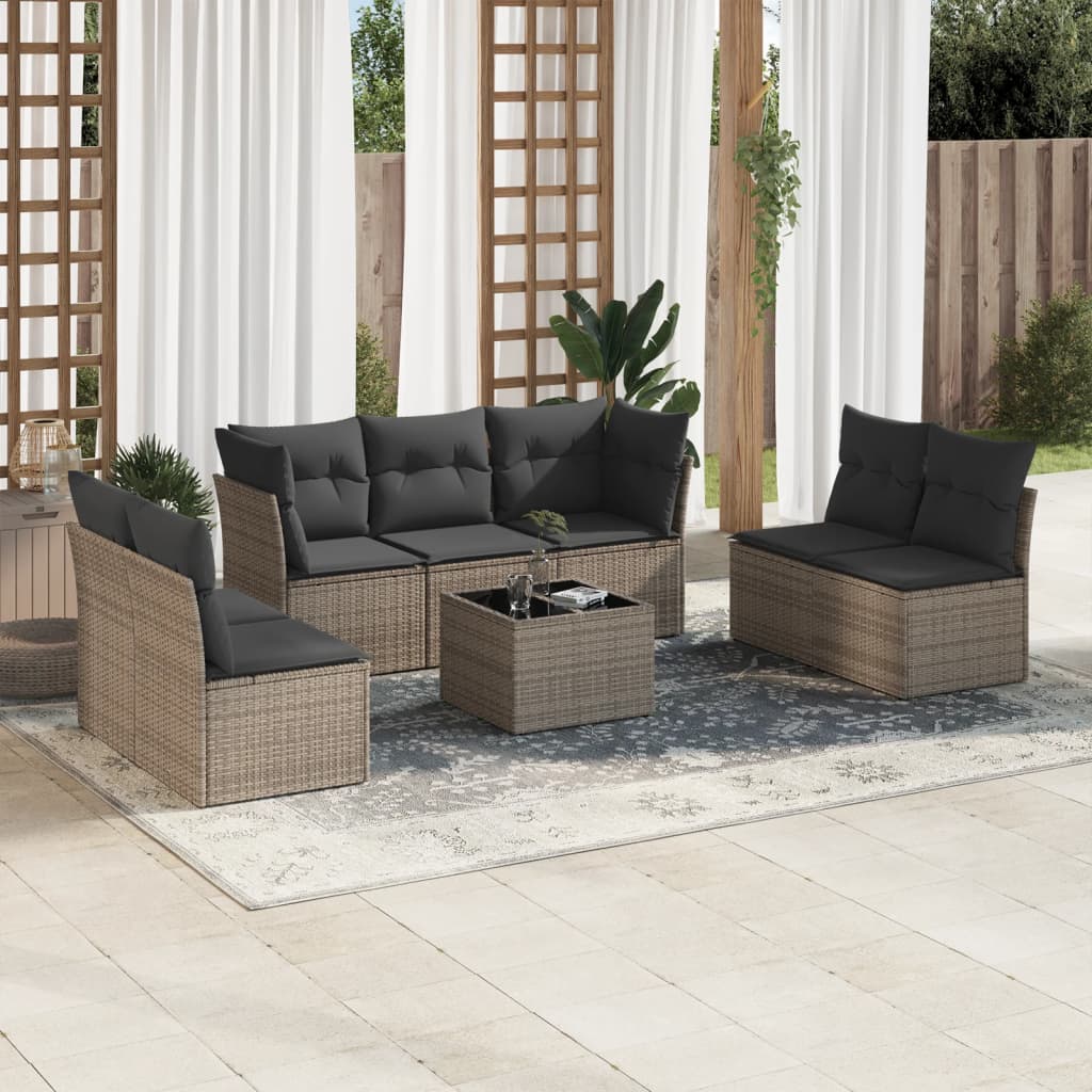 8 Pcs conjunto sofás de jardim c/ almofadões vime PE cinzento