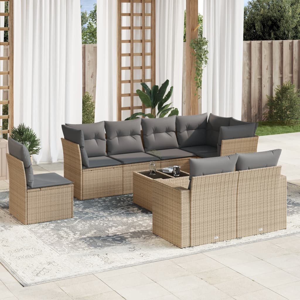 9 Pcs conjunto de sofás p/ jardim com almofadões vime PE bege