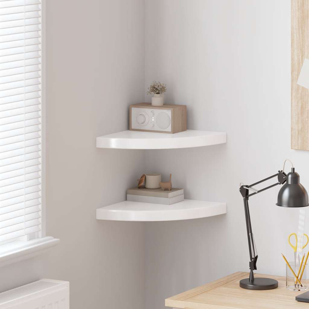 Prateleiras canto suspensas 2 pcs 35x35x3,8cm MDF branco brilh.