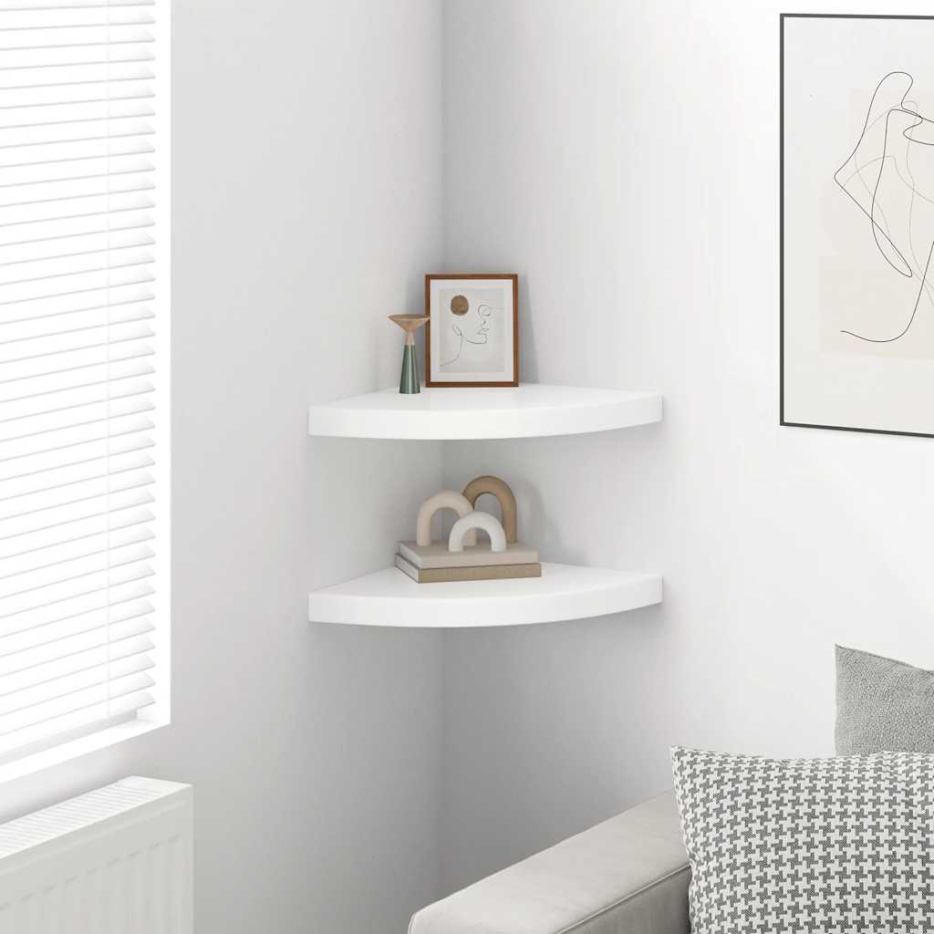 Prateleiras canto suspensas 2 pcs 35x35x3,8cm MDF branco brilh.