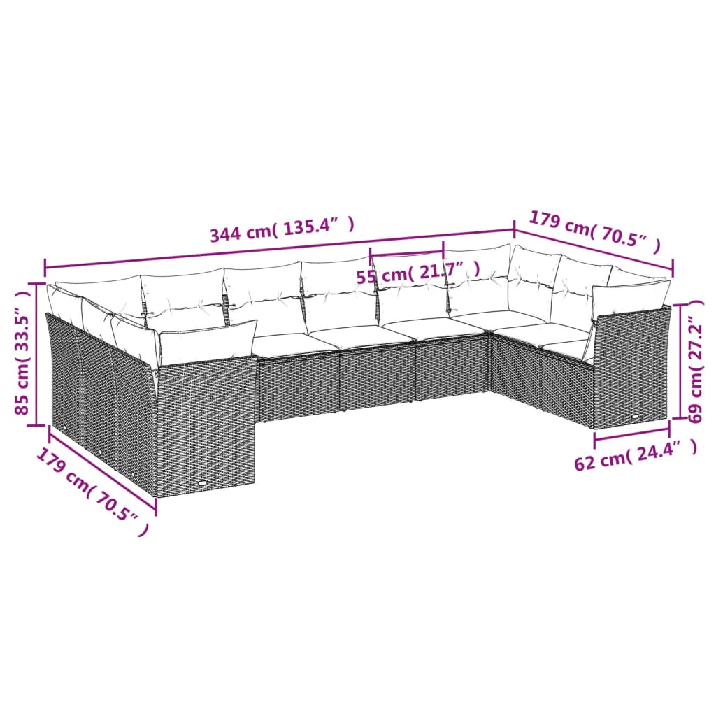 10 Pcs conjunto de sofás p/ jardim com almofadões vime PE bege