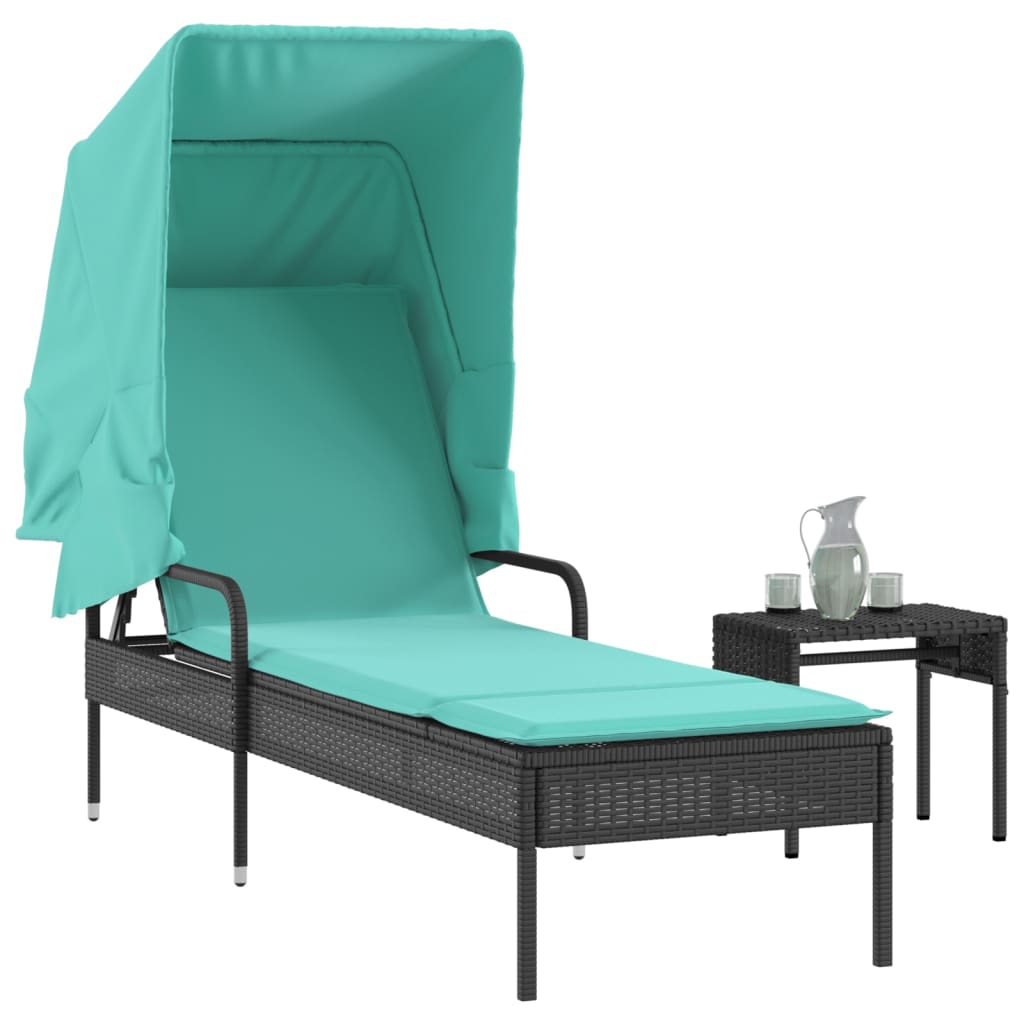 Espreguiçadeira com cobertura e mesa em rattan sintético preto