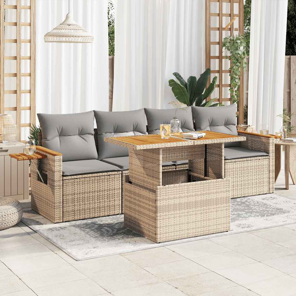 5 Pcs conj. sofás p/ jardim c/ almofadões vime PE/acácia bege