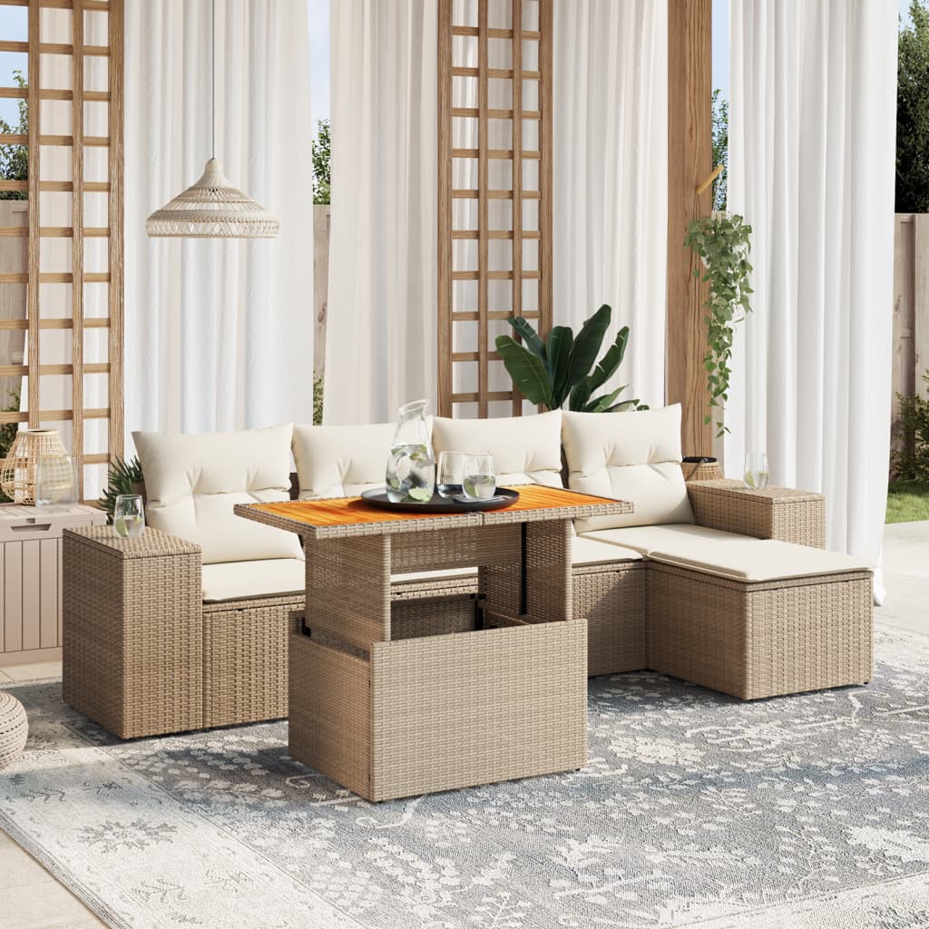 6 Pcs conjunto de sofás p/ jardim com almofadões vime PE bege