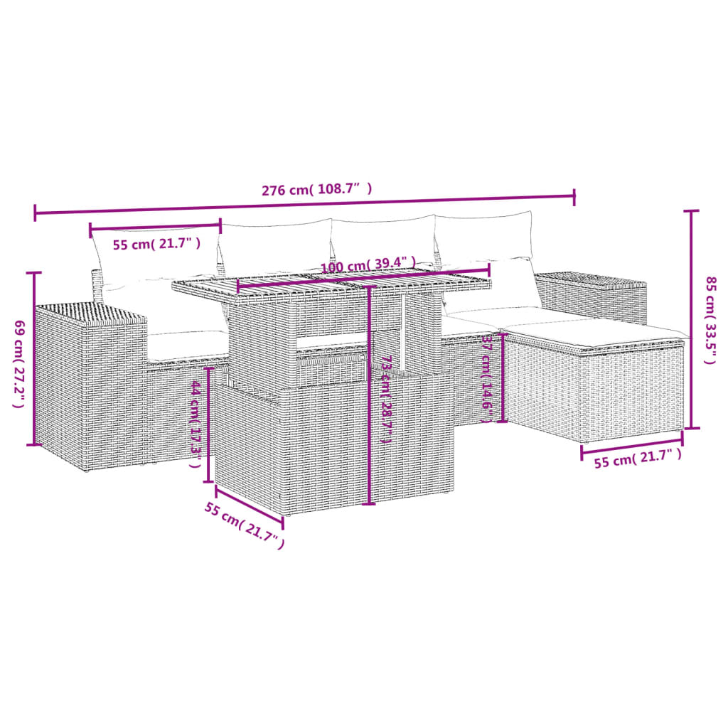 6 Pcs conjunto de sofás p/ jardim com almofadões vime PE bege