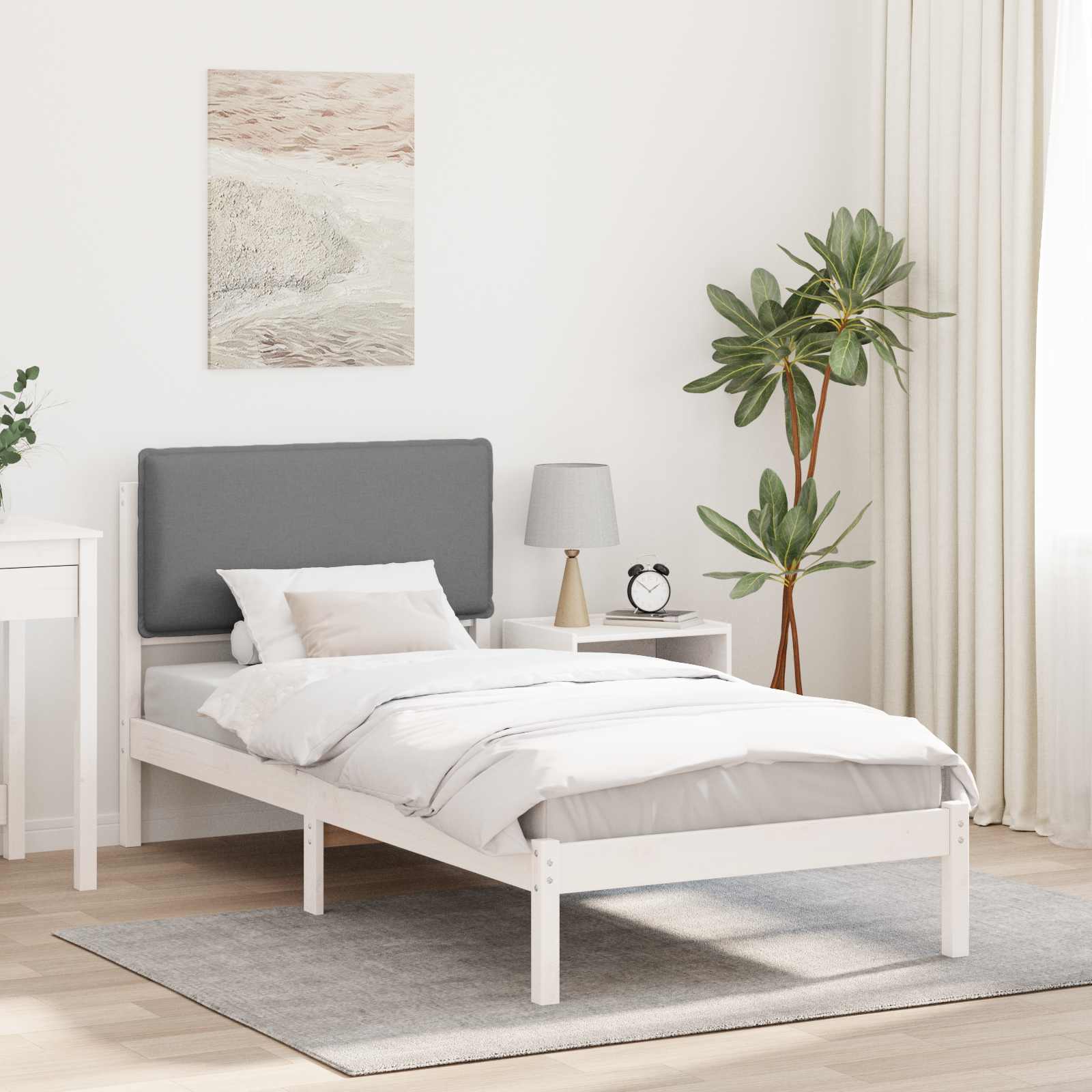Estrutura de cama com cabeceira estofada cinzento-claro