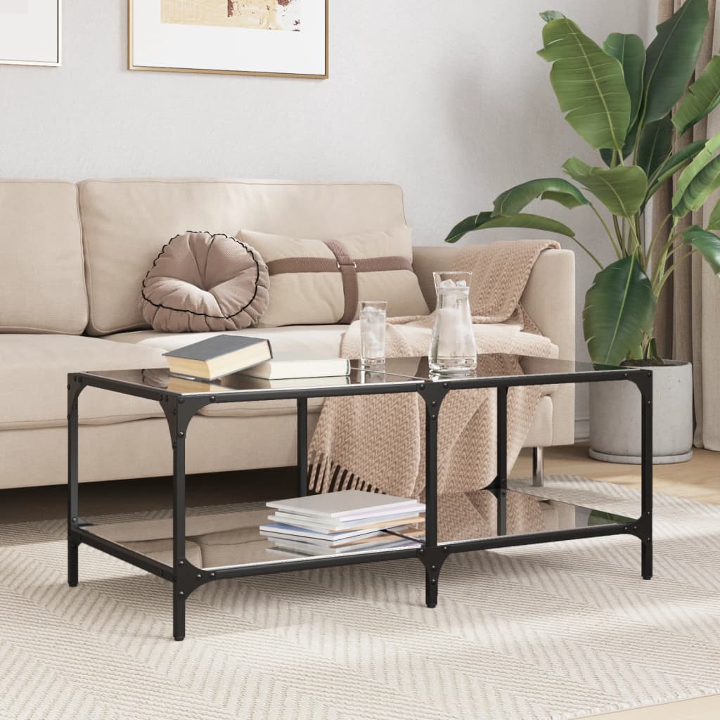 Mesa de centro com topo em vidro preto 98,5x50x40 cm aço