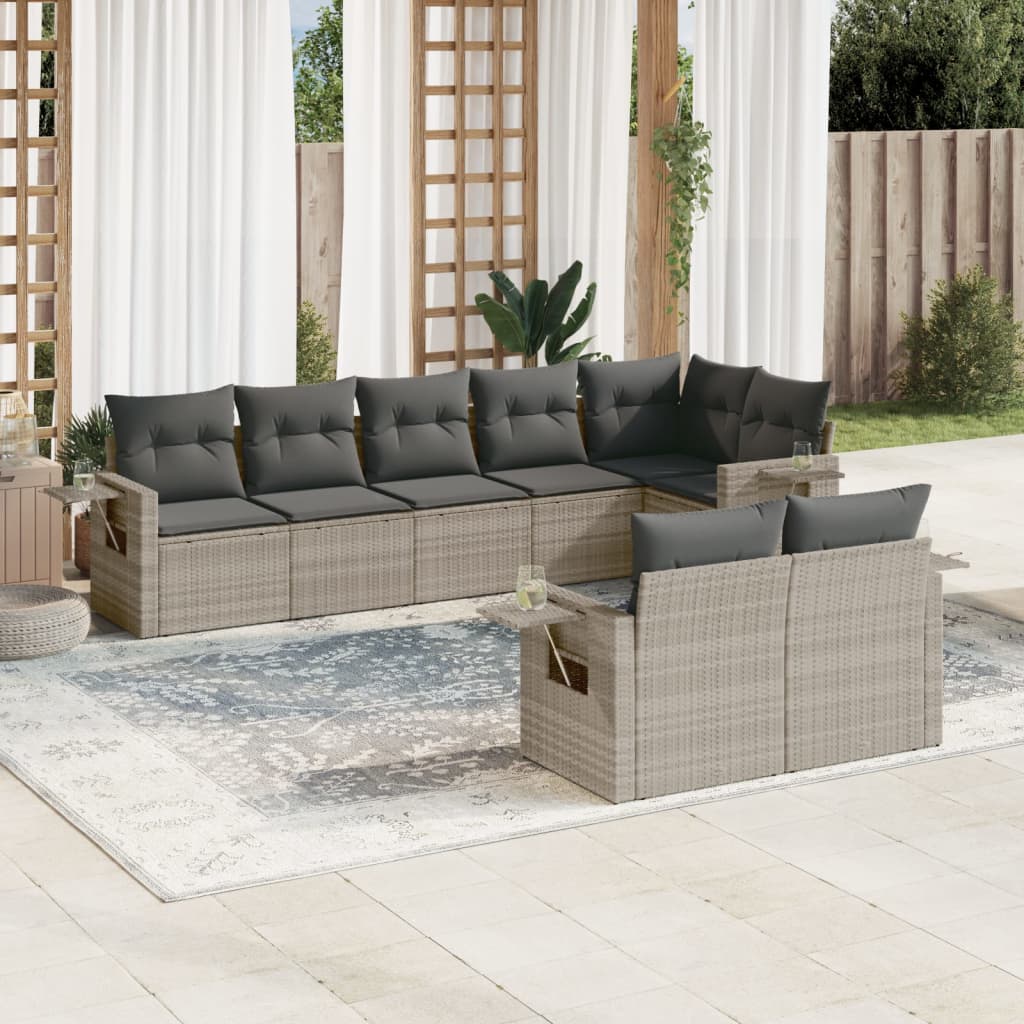 8 Pcs conj. sofás jardim c/ almofadões vime PE cinzento-claro