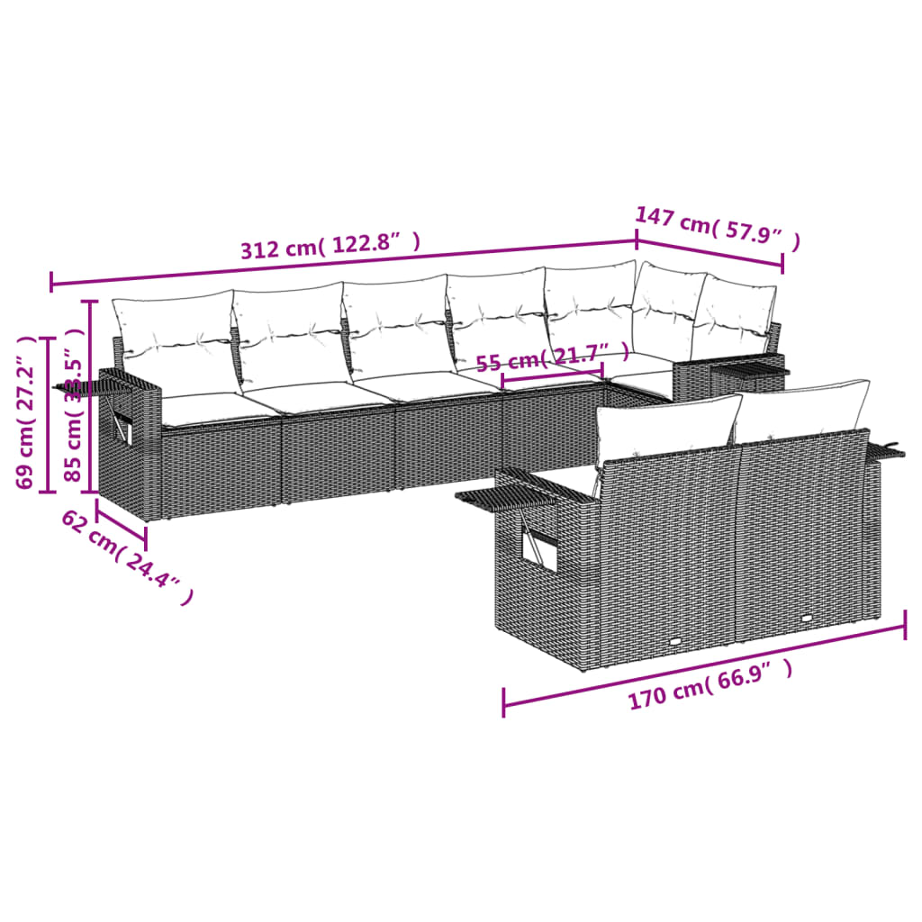 8 Pcs conj. sofás jardim c/ almofadões vime PE cinzento-claro