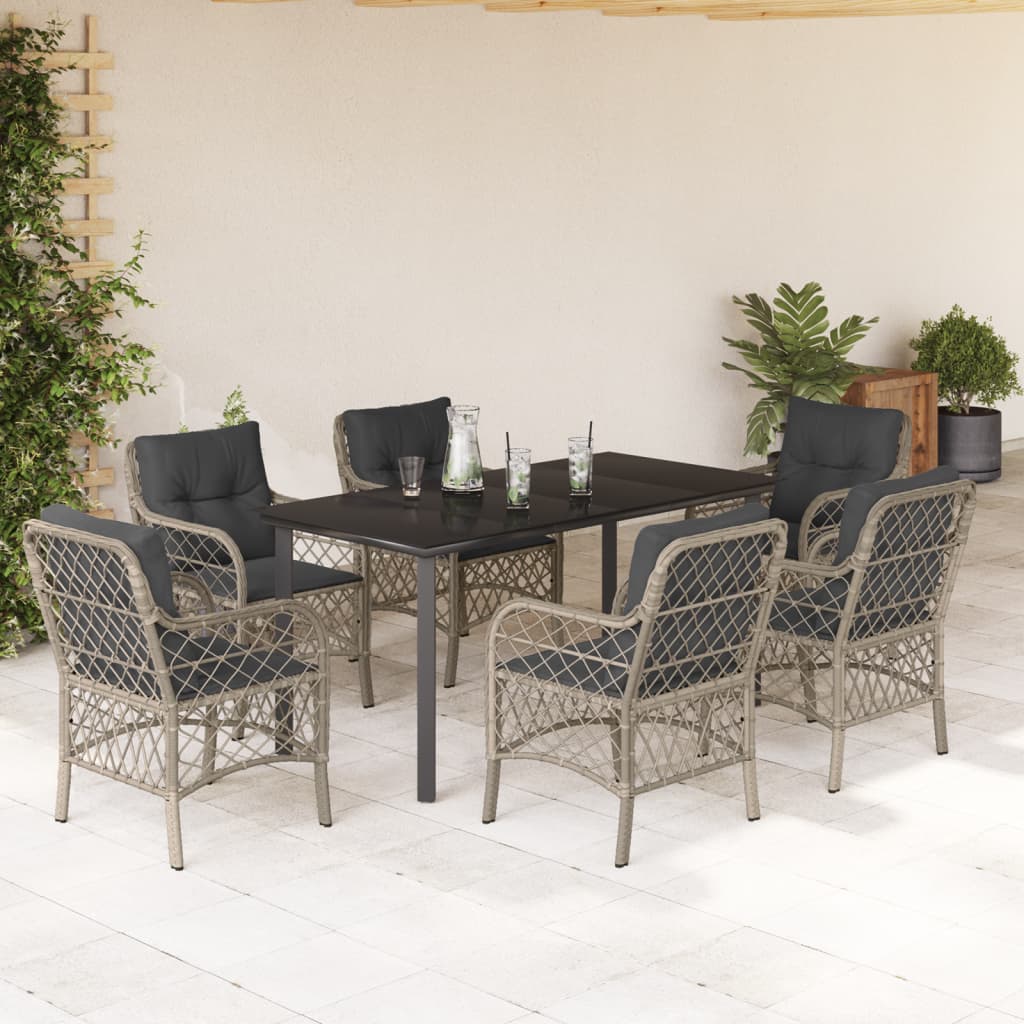 7 Pcs conj. jantar p/ jardim c/ almofadões vime PE cinza-claro