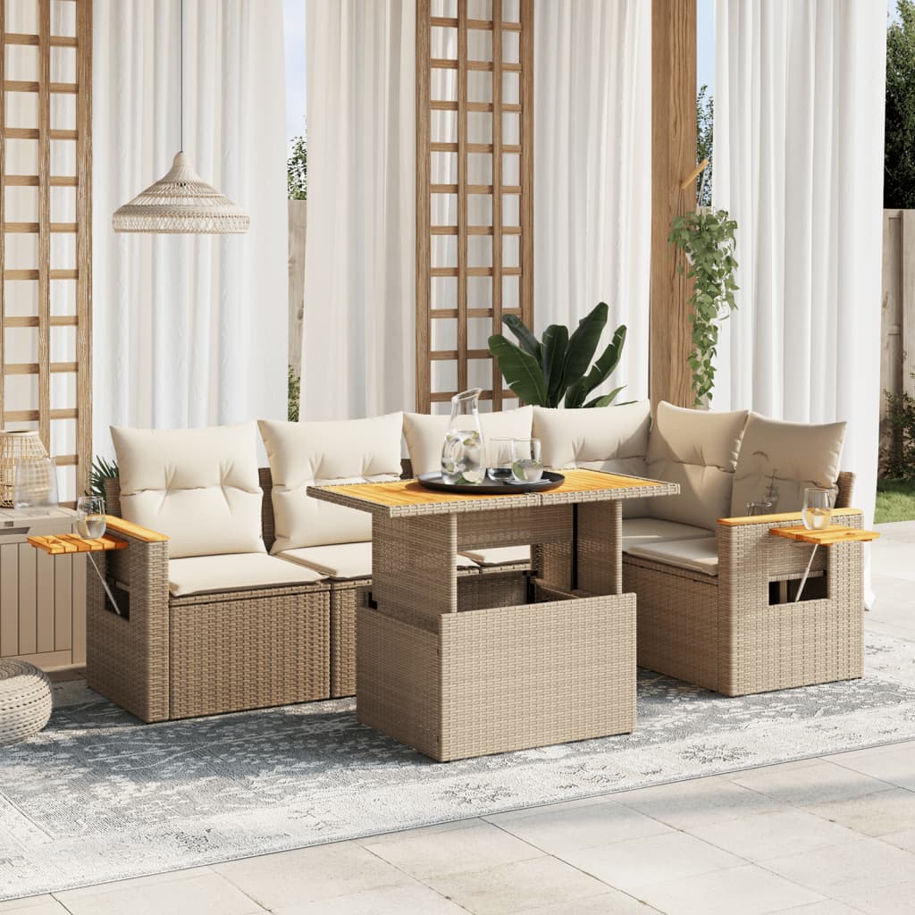 6 Pcs conjunto de sofás p/ jardim com almofadões vime PE bege