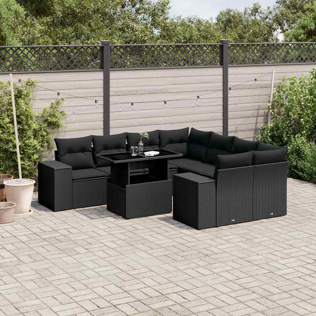 9 Pcs conjunto de sofás p/ jardim c/ almofadões vime PE preto