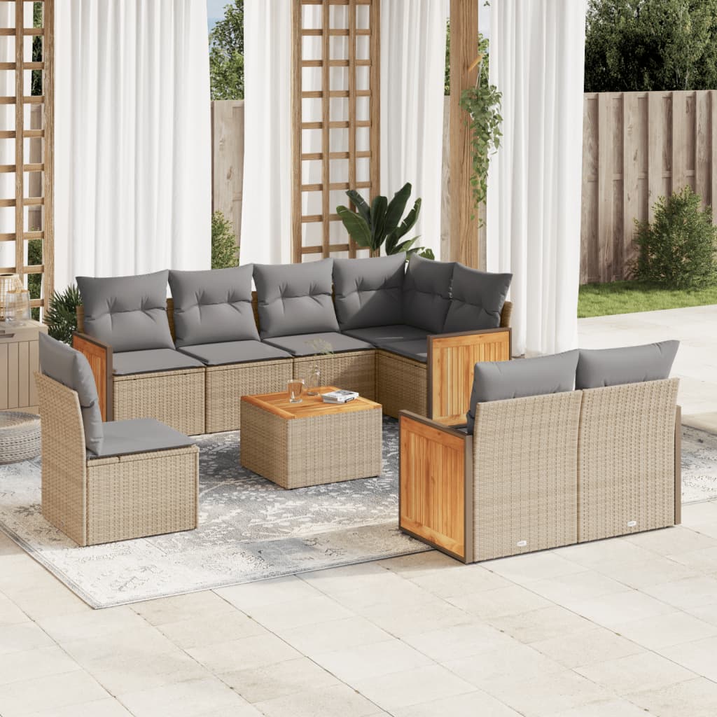 9 Pcs conjunto de sofás p/ jardim com almofadões vime PE bege