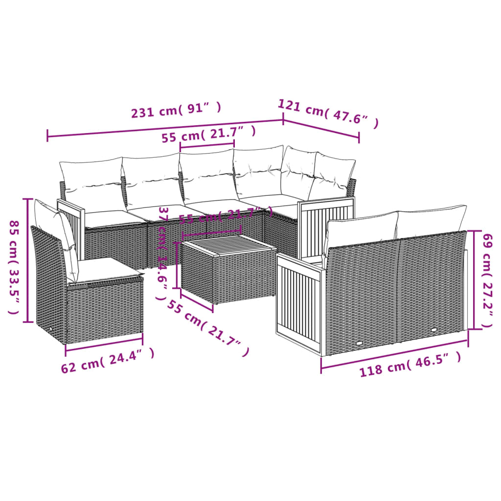 9 Pcs conjunto de sofás p/ jardim com almofadões vime PE bege